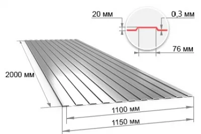 Профнастил C20 оцинкованный 2000х1150х0,3 мм