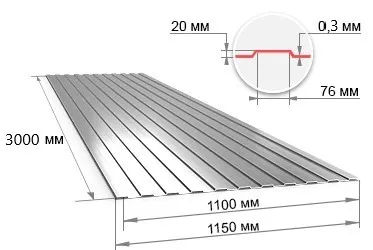 Профнастил C20 оцинкованный 3000х1150х0,3 мм