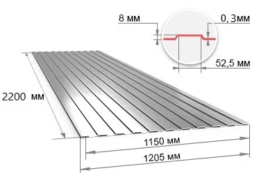 Профнастил С8 оцинкованный 2200х1200х0,3 мм