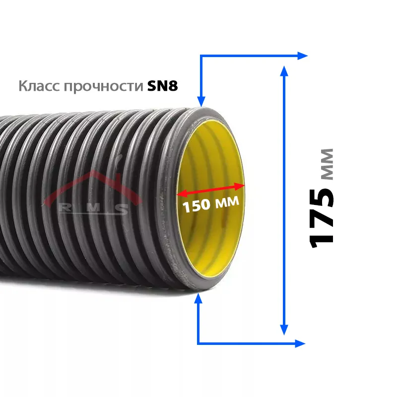 Гофрированная полиэтиленовая труба (с уплотнителями) SN8 Ф 175 / 150 мм (6 м)