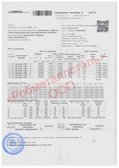 Сертификат Сертификат на Балка двутавровая 20 Б1 