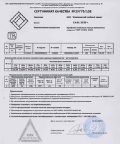 Сертификат Сертификат на Труба профильная 80х40х3 мм